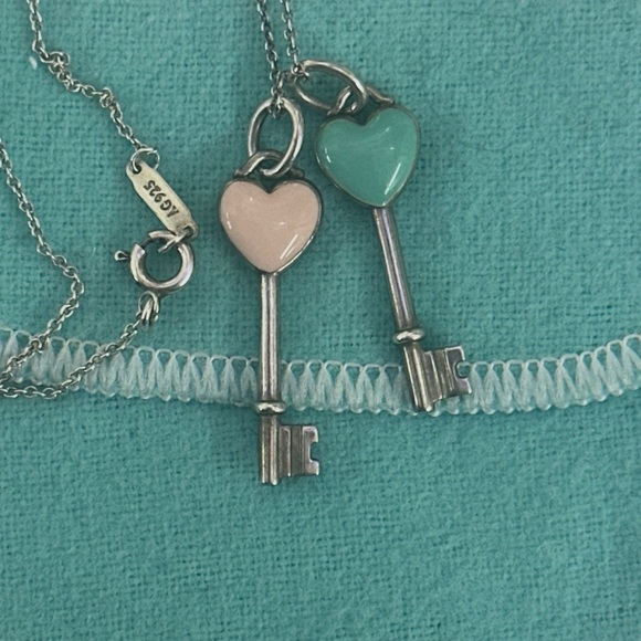 Tiffany & Co. Silver Necklace with Pink and Blue enamel keys. Mini size .